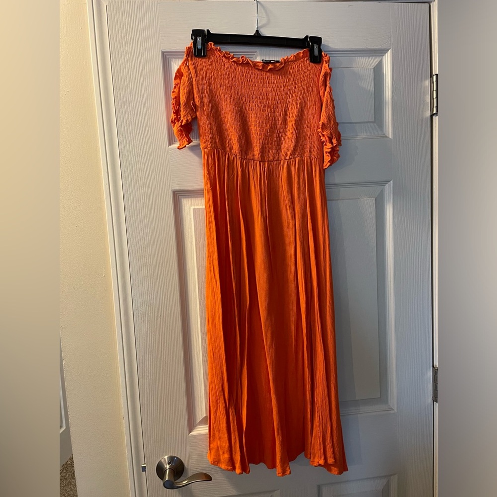 View from the meadow bright orange off-the-shoulder dress